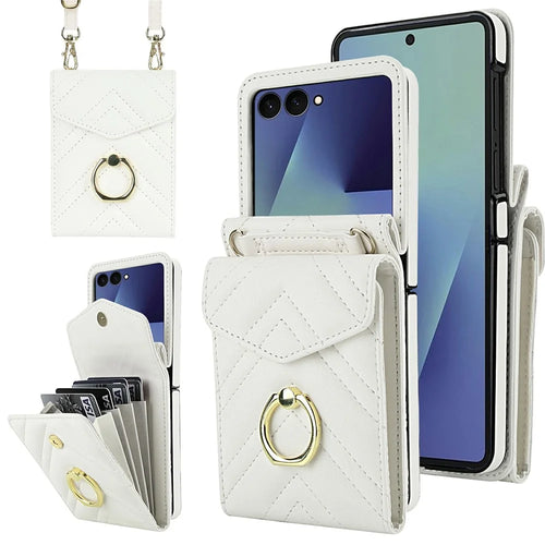 For Samsung Galaxy Z Flip7 5G Case RFID Blocking PU Leather + TPU Phone Cover with Shoulder Strap - White - 1