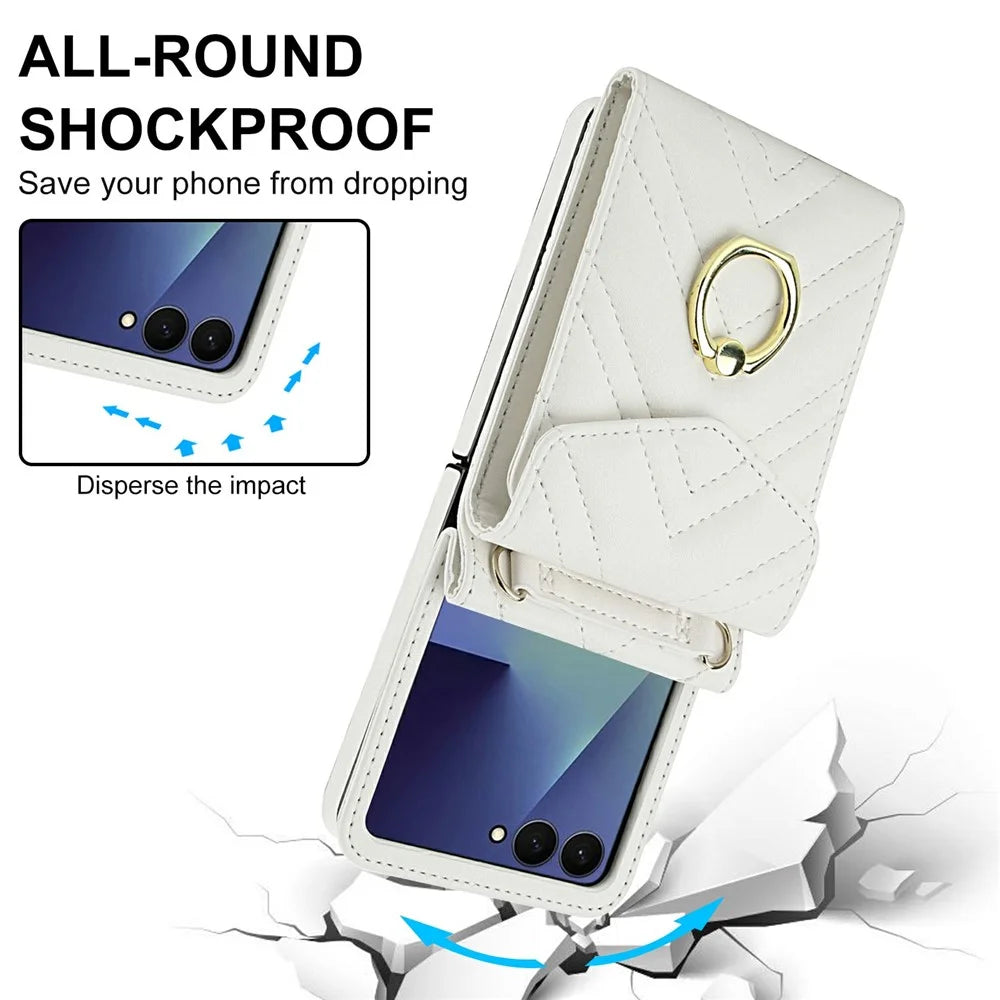 For Samsung Galaxy Z Flip7 5G Case RFID Blocking PU Leather + TPU Phone Cover with Shoulder Strap - White - 6