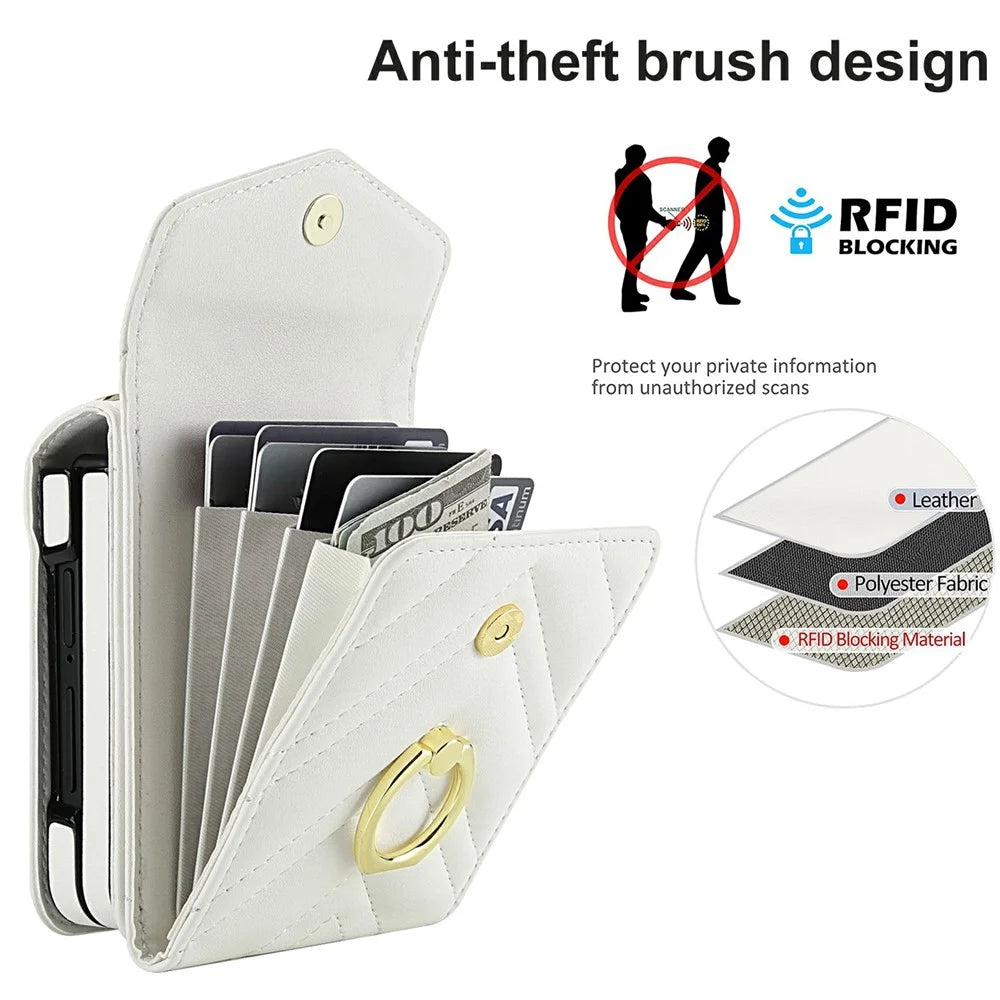 For Samsung Galaxy Z Flip7 5G Case RFID Blocking PU Leather + TPU Phone Cover with Shoulder Strap - White - 7