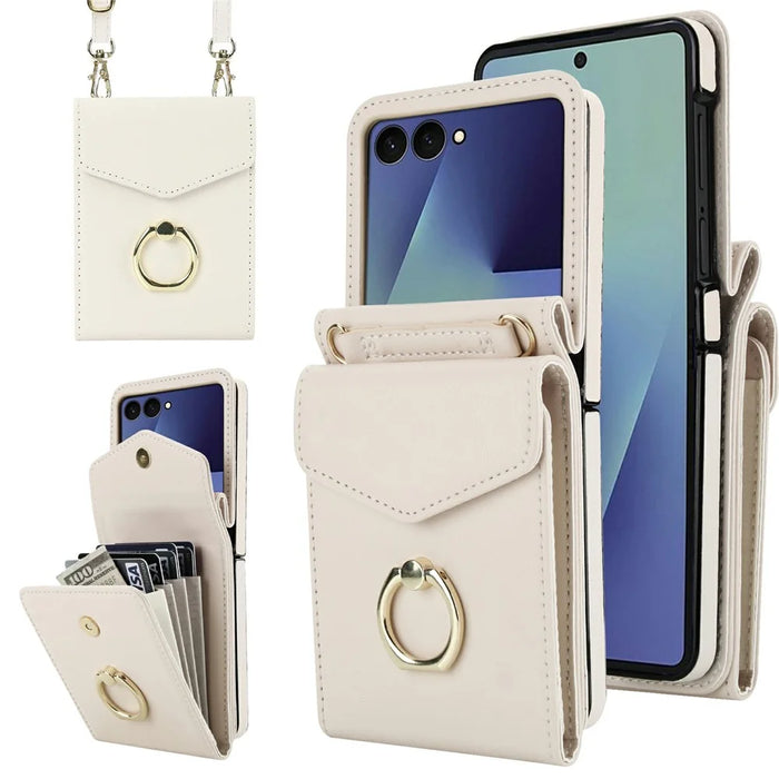 For Samsung Galaxy Z Flip7 5G Case Litchi Texture PU Leather + TPU Phone Cover with Shoulder Strap - White - 1