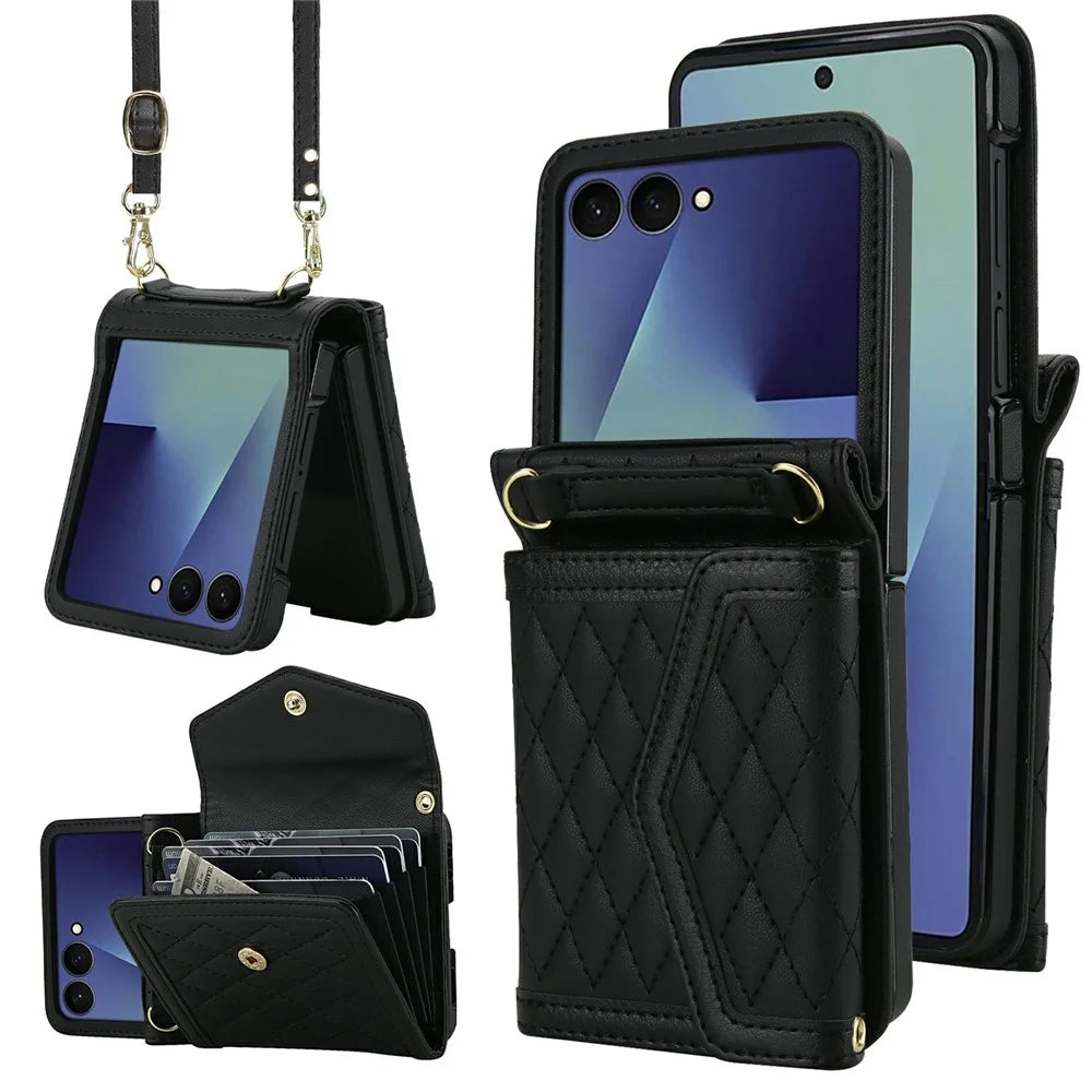For Samsung Galaxy Z Flip7 5G Case Card Holders RFID Blocking PU Leather Phone Back Cover with Shoulder Strap - Black - 1