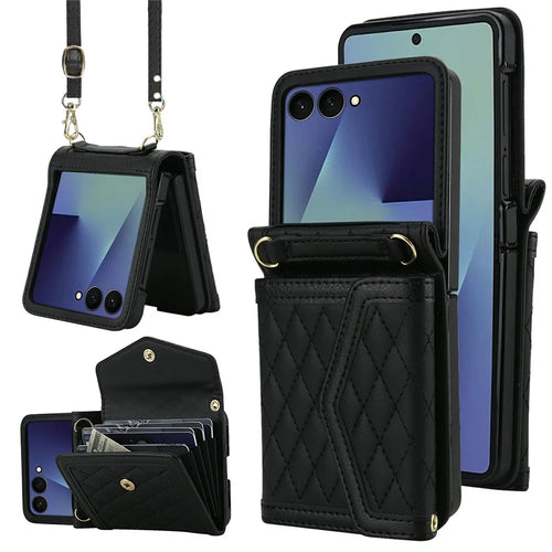 For Samsung Galaxy Z Flip7 5G Case Card Holders RFID Blocking PU Leather Phone Back Cover with Shoulder Strap - Black - 1