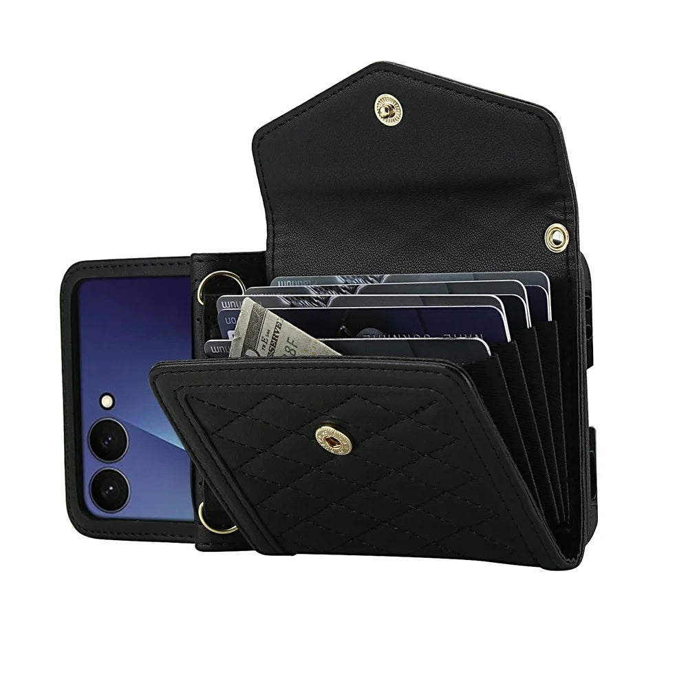 For Samsung Galaxy Z Flip7 5G Case Card Holders RFID Blocking PU Leather Phone Back Cover with Shoulder Strap - Black - 2