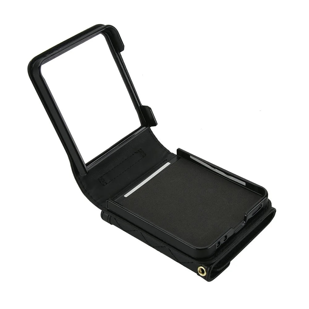 For Samsung Galaxy Z Flip7 5G Case Card Holders RFID Blocking PU Leather Phone Back Cover with Shoulder Strap - Black - 3