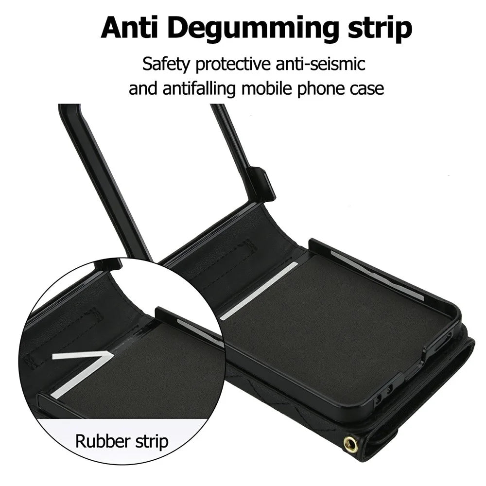 For Samsung Galaxy Z Flip7 5G Case Card Holders RFID Blocking PU Leather Phone Back Cover with Shoulder Strap - Black - 4