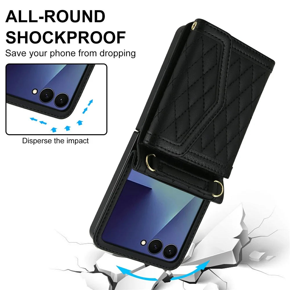 For Samsung Galaxy Z Flip7 5G Case Card Holders RFID Blocking PU Leather Phone Back Cover with Shoulder Strap - Black - 5