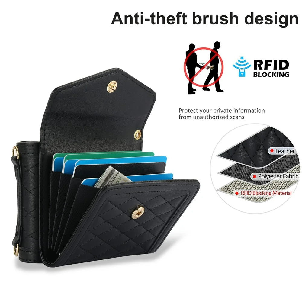 For Samsung Galaxy Z Flip7 5G Case Card Holders RFID Blocking PU Leather Phone Back Cover with Shoulder Strap - Black - 6