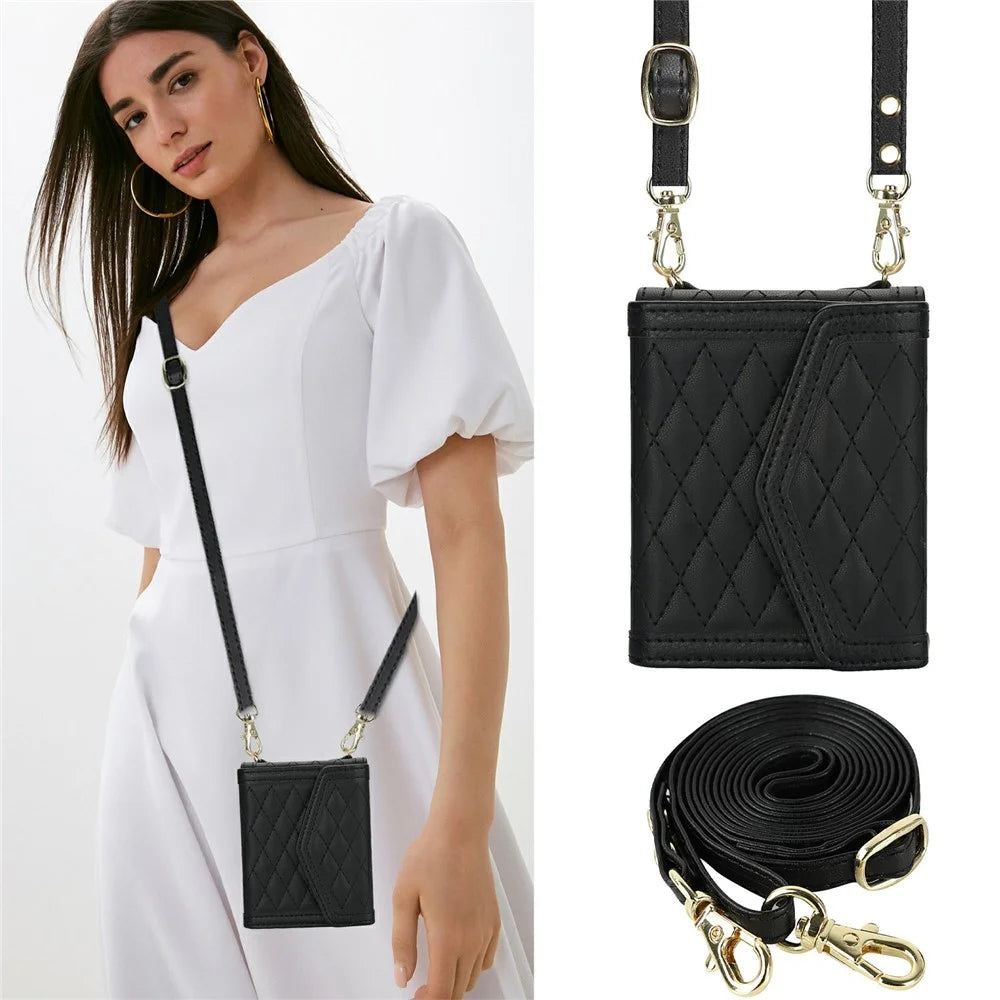 For Samsung Galaxy Z Flip7 5G Case Card Holders RFID Blocking PU Leather Phone Back Cover with Shoulder Strap - Black - 7