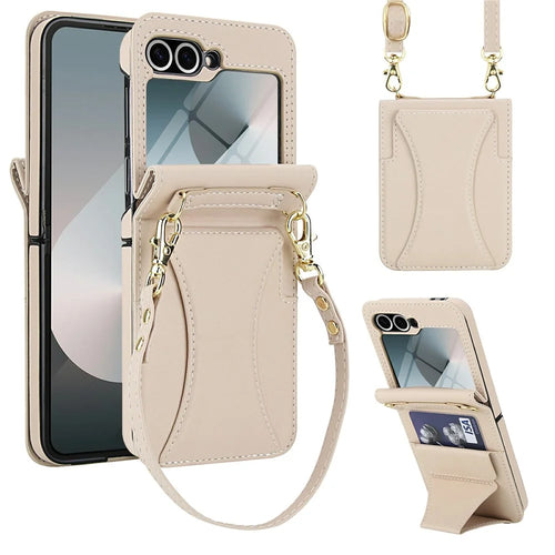 For Samsung Galaxy Z Flip6 5G Case Kickstand Leather + PC Folding Phone Cover with HD Screen Protector / Straps - Apricot - 1