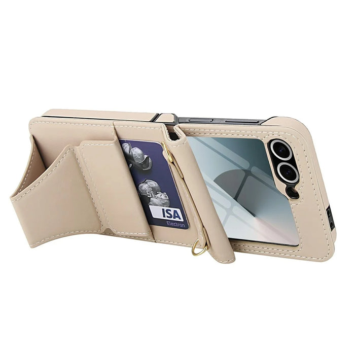 For Samsung Galaxy Z Flip6 5G Case Kickstand Leather + PC Folding Phone Cover with HD Screen Protector / Straps - Apricot - 3