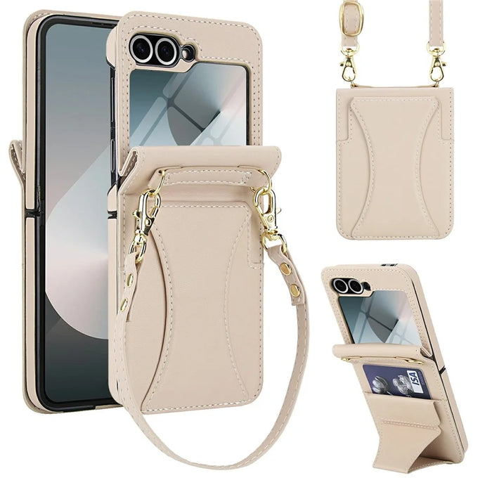 For Samsung Galaxy Z Flip5 5G Case Kickstand Leather + PC Folding Phone Cover with HD Screen Protector / Straps - Apricot - 1