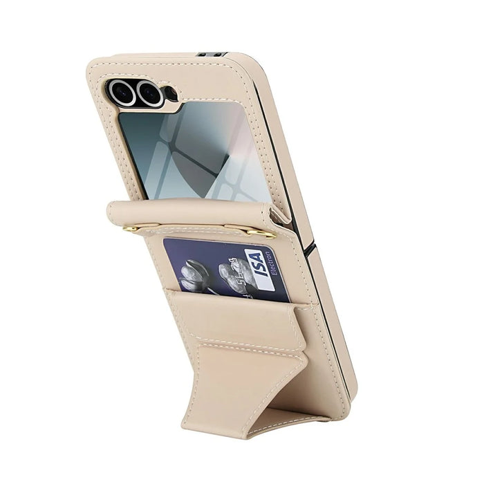 For Samsung Galaxy Z Flip5 5G Case Kickstand Leather + PC Folding Phone Cover with HD Screen Protector / Straps - Apricot - 2