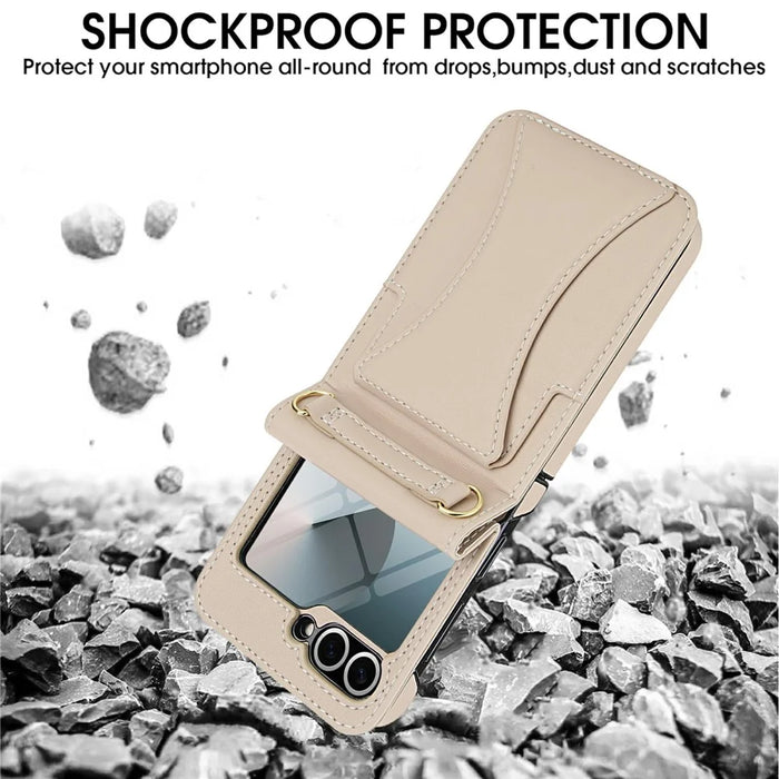 For Samsung Galaxy Z Flip5 5G Case Kickstand Leather + PC Folding Phone Cover with HD Screen Protector / Straps - Apricot - 4