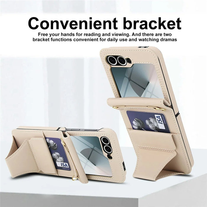 For Samsung Galaxy Z Flip5 5G Case Kickstand Leather + PC Folding Phone Cover with HD Screen Protector / Straps - Apricot - 5