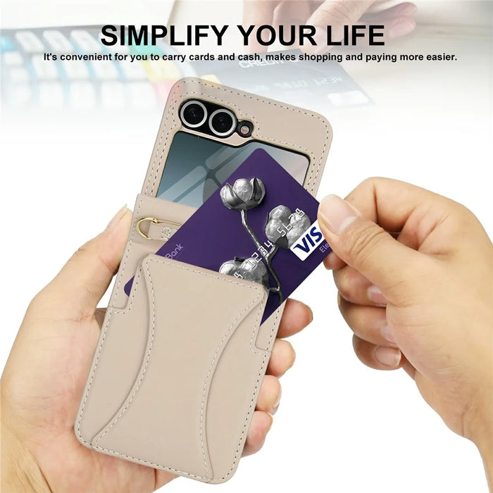 For Samsung Galaxy Z Flip5 5G Case Kickstand Leather + PC Folding Phone Cover with HD Screen Protector / Straps - Apricot - 6
