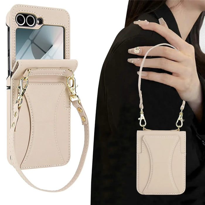 For Samsung Galaxy Z Flip5 5G Case Kickstand Leather + PC Folding Phone Cover with HD Screen Protector / Straps - Apricot - 7