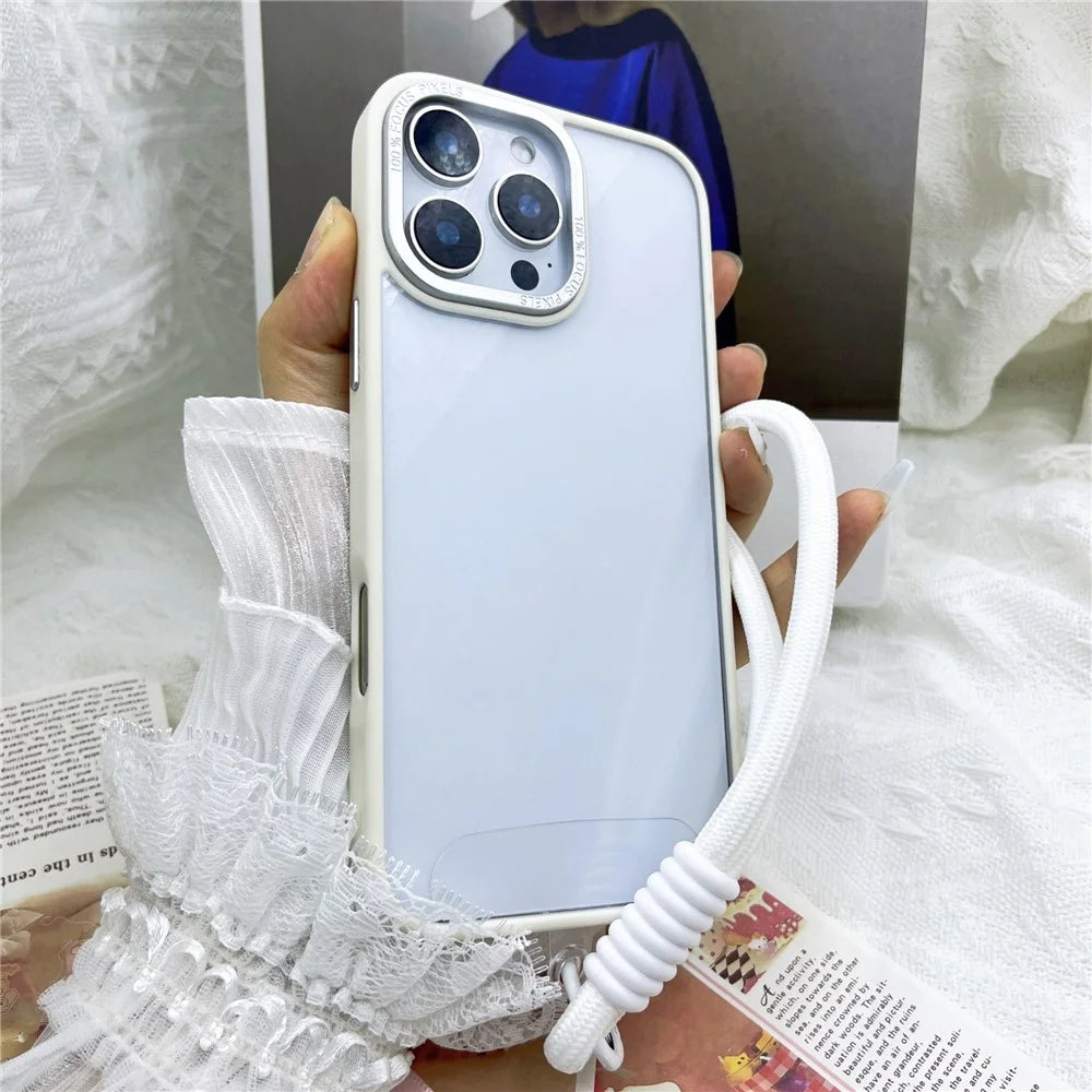For iPhone 16 Pro Max Case Skin-Touch TPU + PC Clear Phone Back Cover with Wrist Strap - Antique White - 1