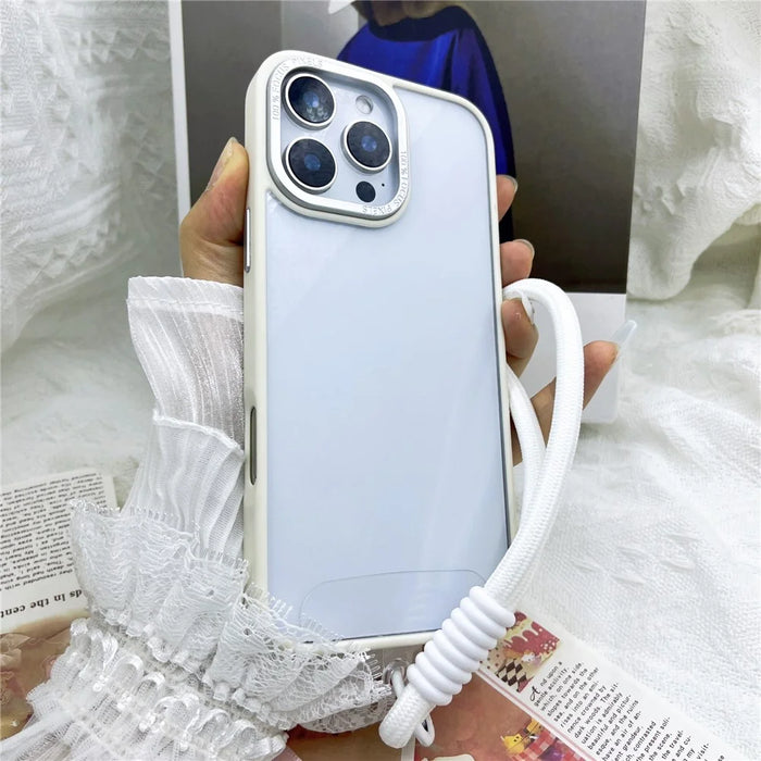 For iPhone 16 Pro Max Case Skin-Touch TPU + PC Clear Phone Back Cover with Wrist Strap - Antique White - 1
