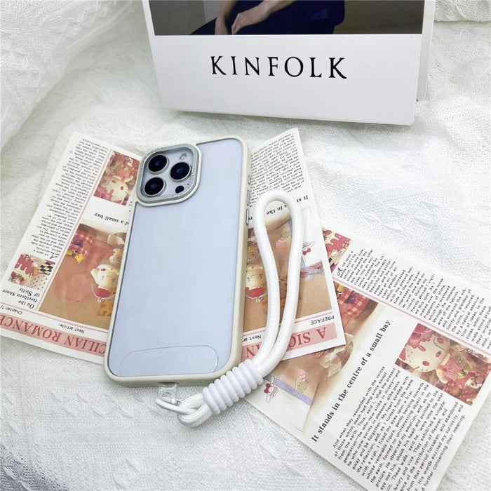 For iPhone 16 Pro Max Case Skin-Touch TPU + PC Clear Phone Back Cover with Wrist Strap - Antique White - 3