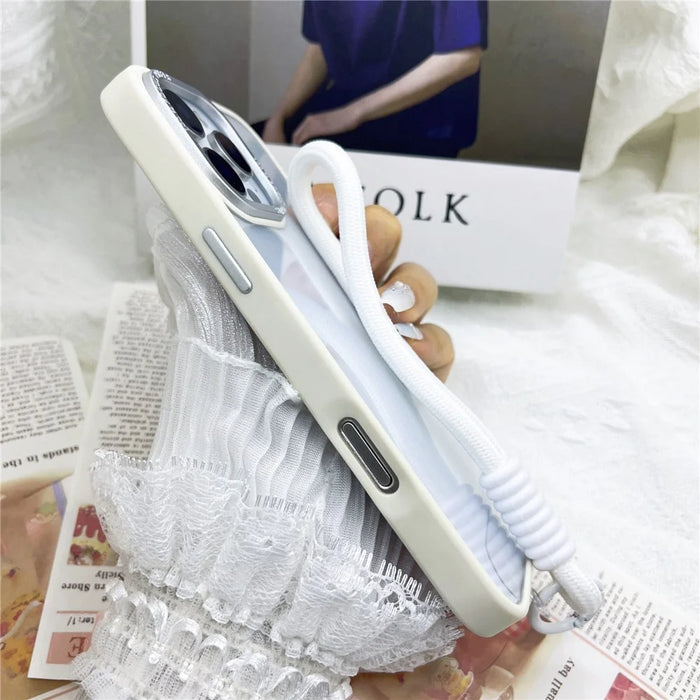 For iPhone 16 Pro Max Case Skin-Touch TPU + PC Clear Phone Back Cover with Wrist Strap - Antique White - 4