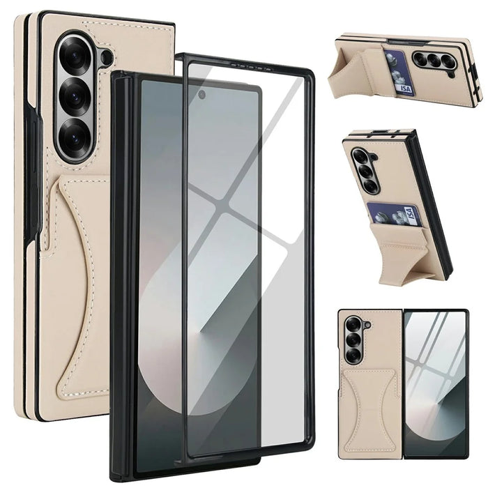 For Samsung Galaxy Z Fold6 5G Case Kickstand Leather + PC Folding Phone Cover with HD Screen Protector - Apricot - 1