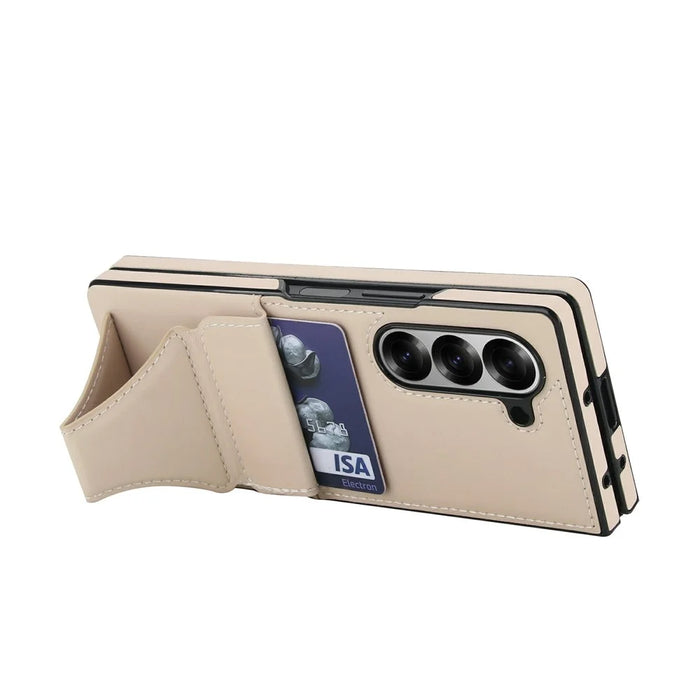 For Samsung Galaxy Z Fold5 5G Case Kickstand Leather + PC Folding Phone Cover with HD Screen Protector - Apricot - 5