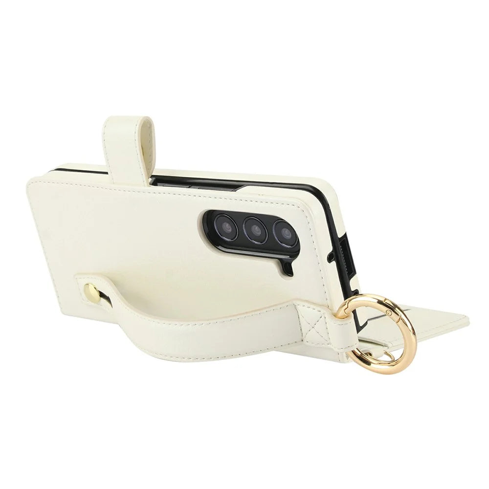 For Samsung Galaxy Z Fold6 5G Case Wrist Band Kickstand PU Leather Wallet Phone Cover with Shoulder Strap - Beige - 4