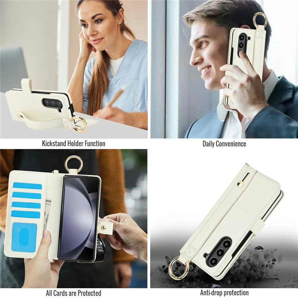 For Samsung Galaxy Z Fold6 5G Case Wrist Band Kickstand PU Leather Wallet Phone Cover with Shoulder Strap - Beige - 7