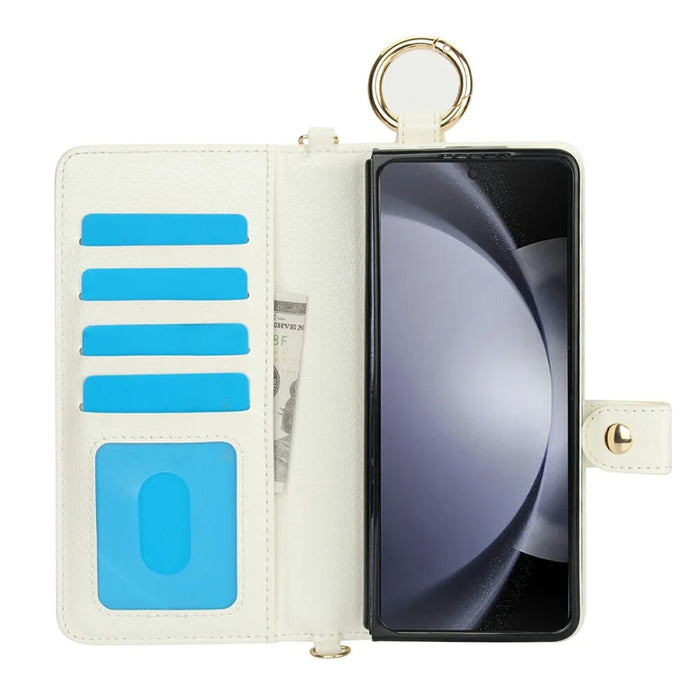 For Samsung Galaxy Z Fold5 5G Case Wrist Band Kickstand PU Leather Wallet Phone Cover with Shoulder Strap - Beige - 2