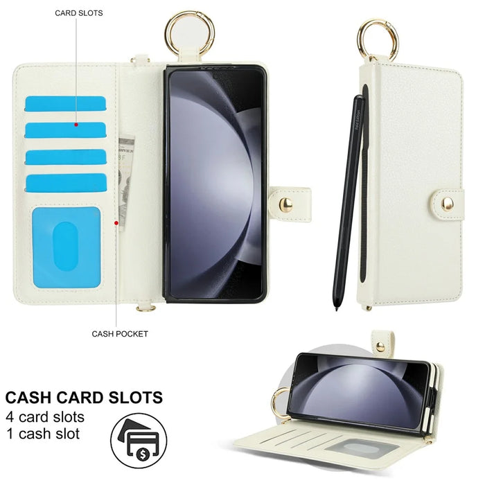 For Samsung Galaxy Z Fold5 5G Case Wrist Band Kickstand PU Leather Wallet Phone Cover with Shoulder Strap - Beige - 5