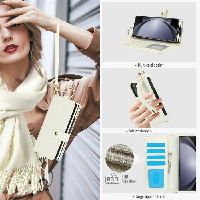 For Samsung Galaxy Z Fold5 5G Case Wrist Band Kickstand PU Leather Wallet Phone Cover with Shoulder Strap - Beige - 6
