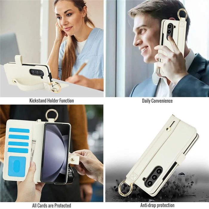 For Samsung Galaxy Z Fold5 5G Case Wrist Band Kickstand PU Leather Wallet Phone Cover with Shoulder Strap - Beige - 7