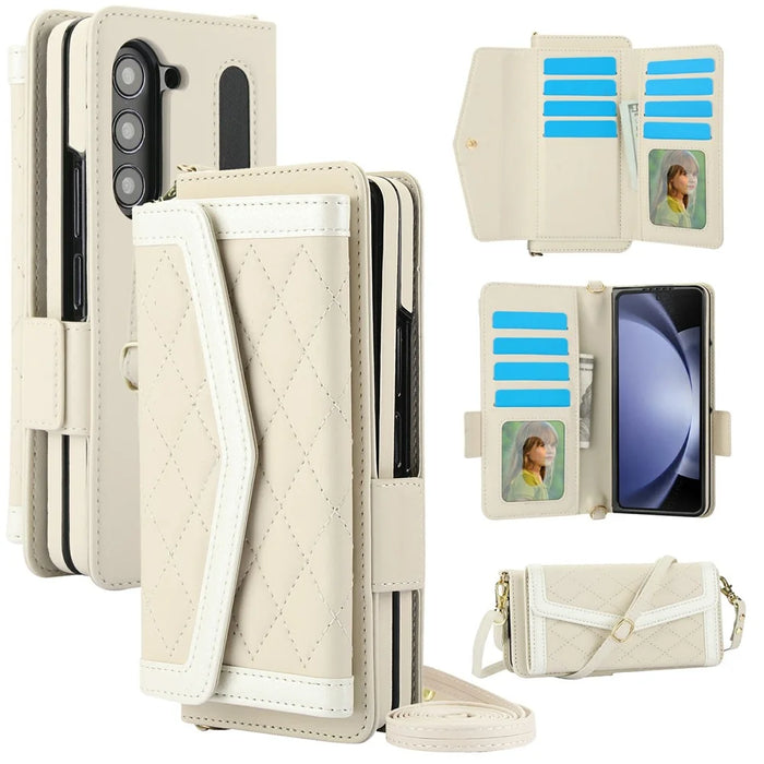 For Samsung Galaxy Z Fold6 5G Case Quilted Design PU Leather Wallet Phone Cover with Shoulder Strap - Beige - 1