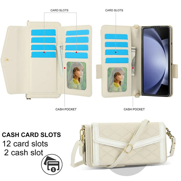For Samsung Galaxy Z Fold6 5G Case Quilted Design PU Leather Wallet Phone Cover with Shoulder Strap - Beige - 5