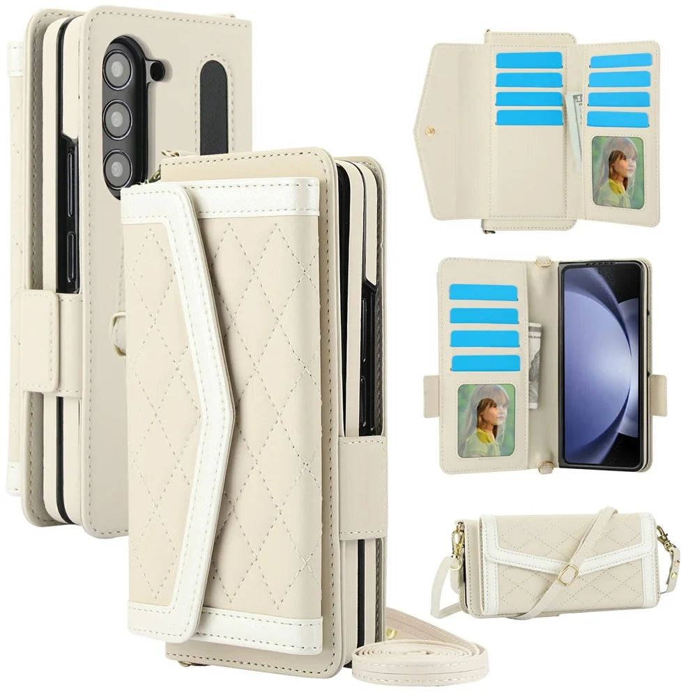 For Samsung Galaxy Z Fold5 5G Case Quilted Design PU Leather Wallet Phone Cover with Shoulder Strap - Beige - 1