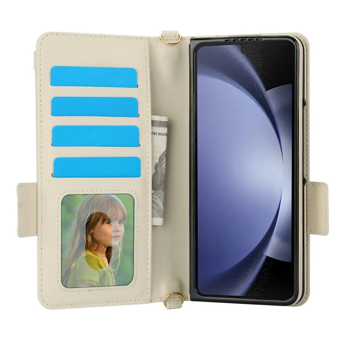 For Samsung Galaxy Z Fold5 5G Case Quilted Design PU Leather Wallet Phone Cover with Shoulder Strap - Beige - 3