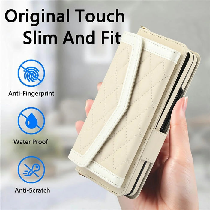 For Samsung Galaxy Z Fold5 5G Case Quilted Design PU Leather Wallet Phone Cover with Shoulder Strap - Beige - 6