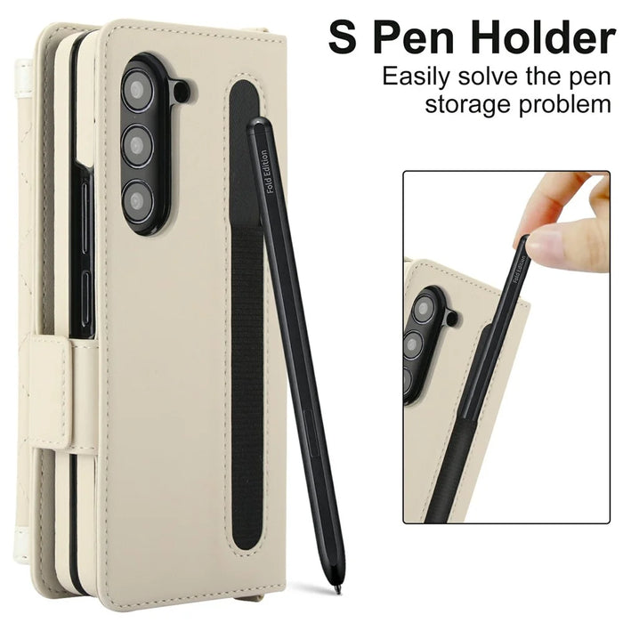 For Samsung Galaxy Z Fold5 5G Case Quilted Design PU Leather Wallet Phone Cover with Shoulder Strap - Beige - 7