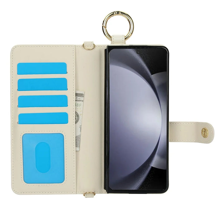 For Samsung Galaxy Z Fold6 5G Case Quilted Design Ring Holder Leather Wallet Phone Cover with Shoulder Strap - Beige - 2