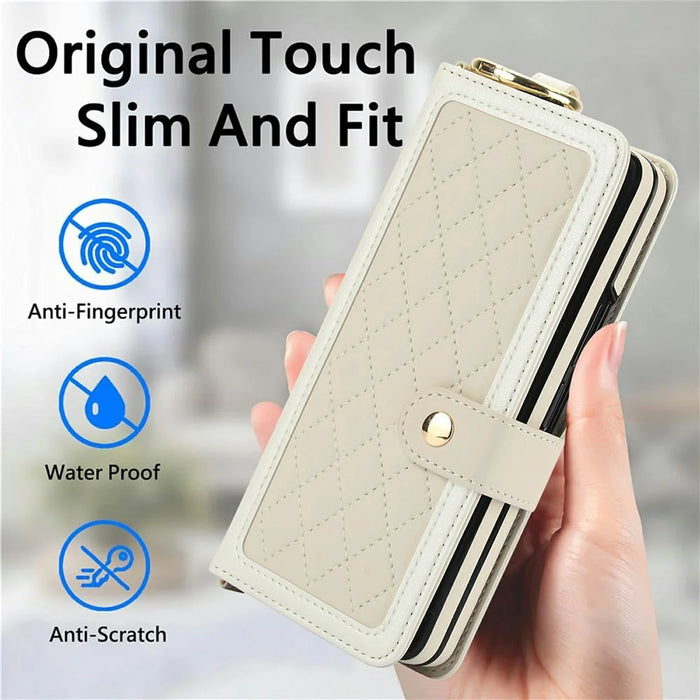 For Samsung Galaxy Z Fold6 5G Case Quilted Design Ring Holder Leather Wallet Phone Cover with Shoulder Strap - Beige - 6