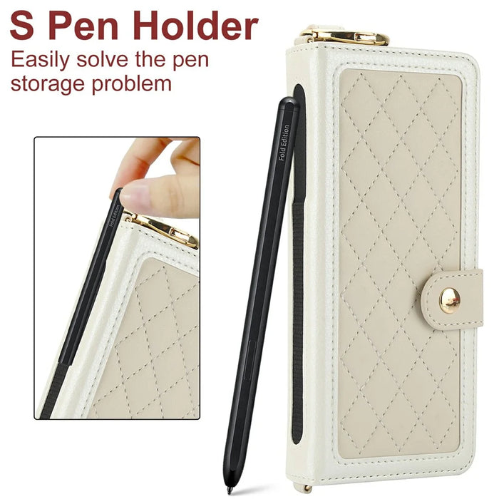 For Samsung Galaxy Z Fold6 5G Case Quilted Design Ring Holder Leather Wallet Phone Cover with Shoulder Strap - Beige - 7