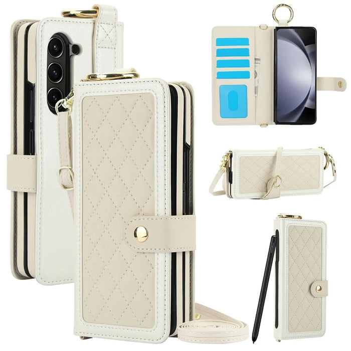 For Samsung Galaxy Z Fold5 5G Case Quilted Design Ring Holder Leather Wallet Phone Cover with Shoulder Strap - Beige - 1