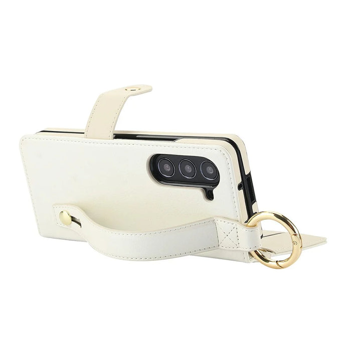 For Samsung Galaxy Z Fold5 5G Case Quilted Design Ring Holder Leather Wallet Phone Cover with Shoulder Strap - Beige - 3