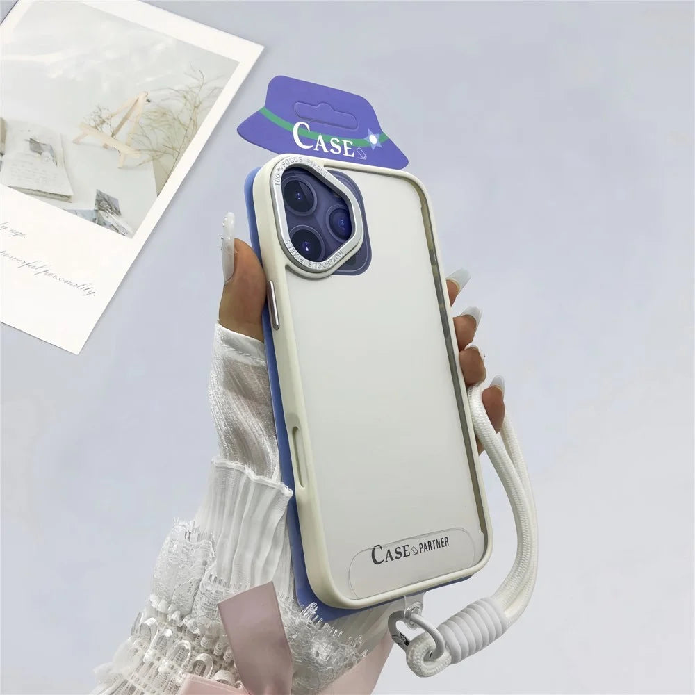 For iPhone 16 Case Skin-Touch TPU + PC Clear Phone Back Cover with Wrist Strap - Antique White - 1