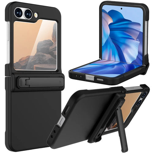 GW18 For Samsung Galaxy Z Flip7 FE 5G  /  Flip6 5G Case Rubberized Hard PC Kickstand Phone Cover - Black - 1