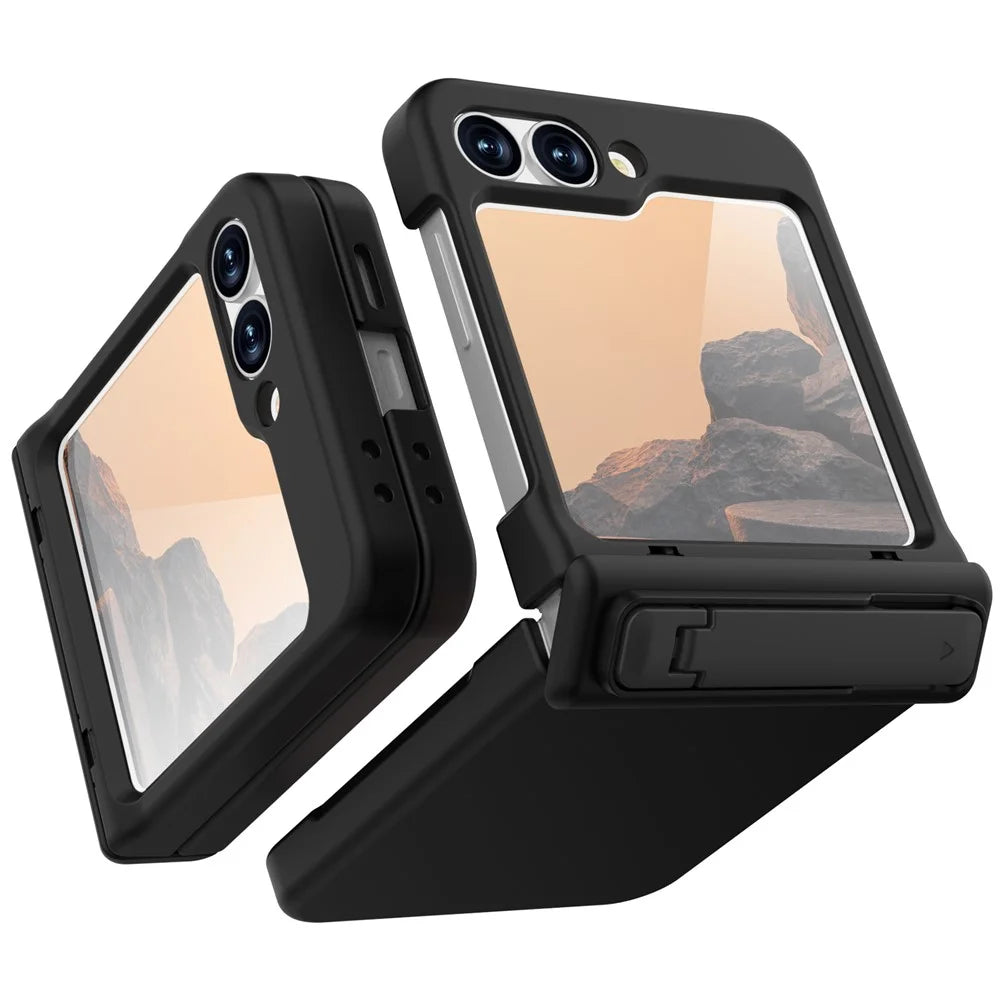 GW18 For Samsung Galaxy Z Flip7 FE 5G  /  Flip6 5G Case Rubberized Hard PC Kickstand Phone Cover - Black - 2