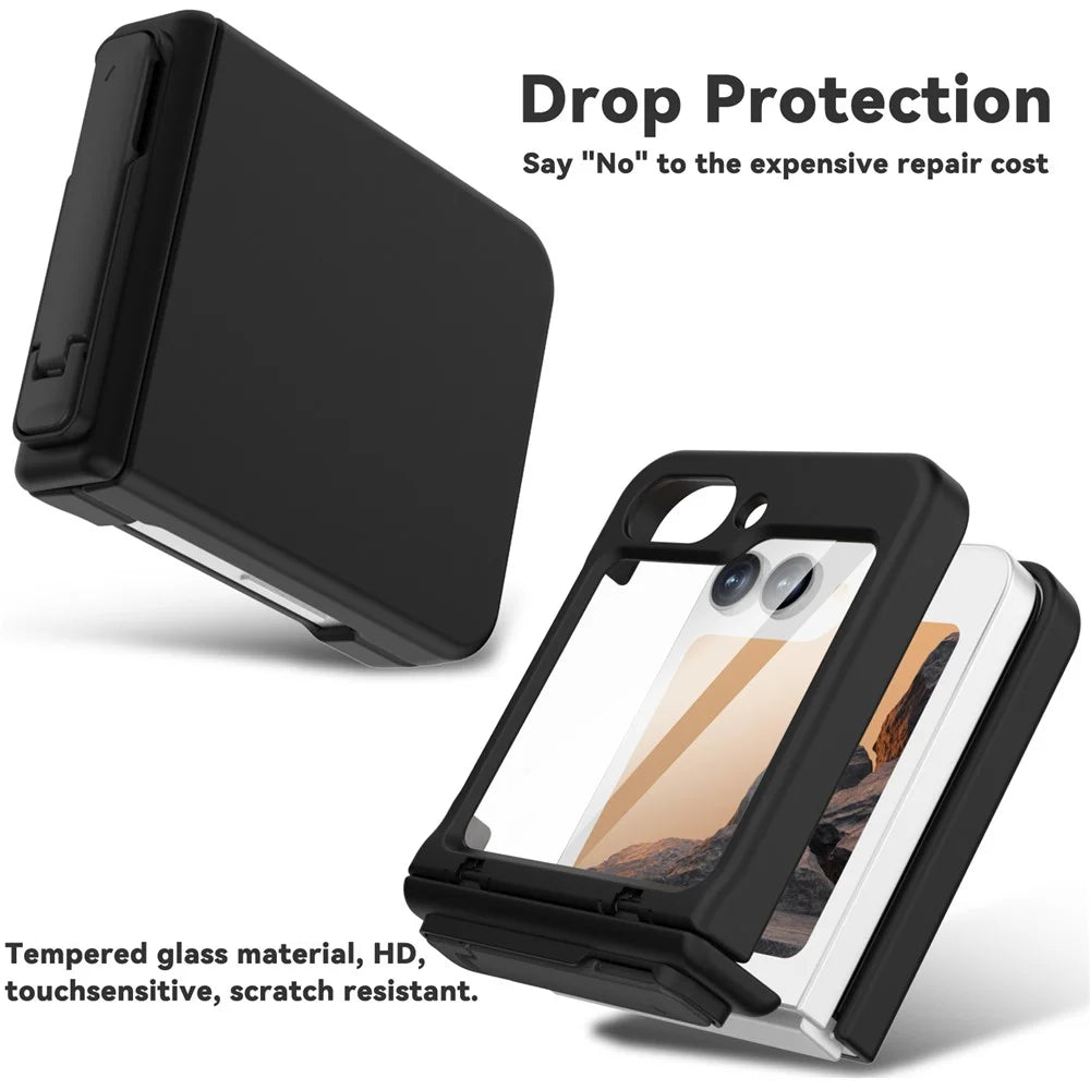 GW18 For Samsung Galaxy Z Flip7 FE 5G  /  Flip6 5G Case Rubberized Hard PC Kickstand Phone Cover - Black - 5