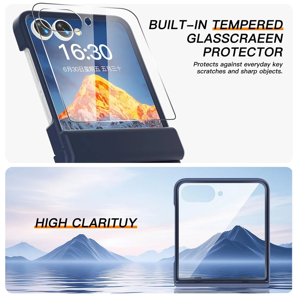 For Samsung Galaxy Z Flip7 5G Case Hinge Protection Hard PC Phone Cover Built-In Screen Film - Dark Blue - 3