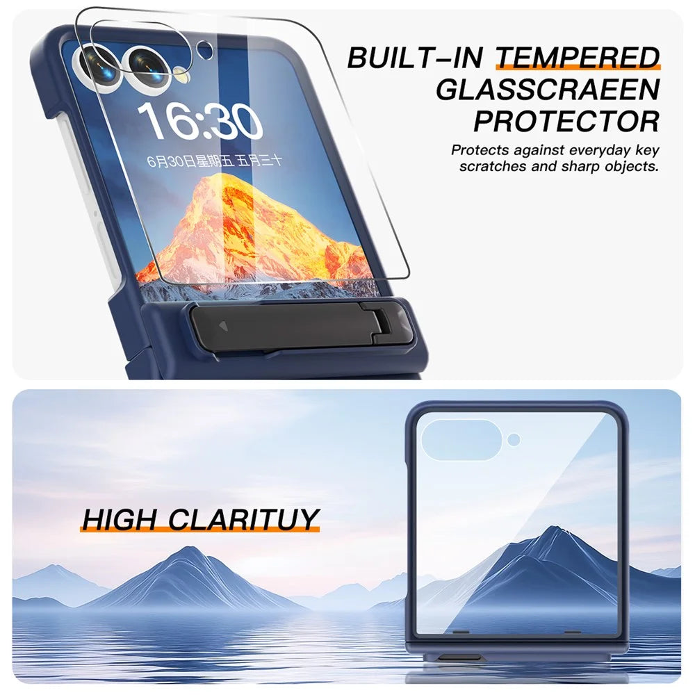 For Samsung Galaxy Z Flip7 5G Kickstand Case Hinge Protection Hard PC Phone Cover Built-In Screen Film - Dark Blue - 3