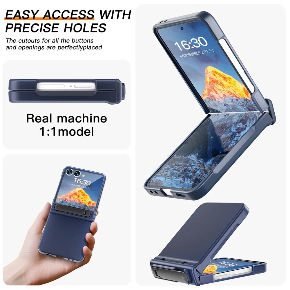 For Samsung Galaxy Z Flip7 5G Kickstand Case Hinge Protection Hard PC Phone Cover Built-In Screen Film - Dark Blue - 6